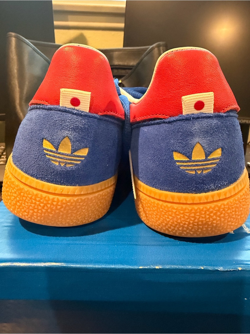 Adidas Japan Espizial Blue Suede Sneakers with Red Heel and Orange Sole